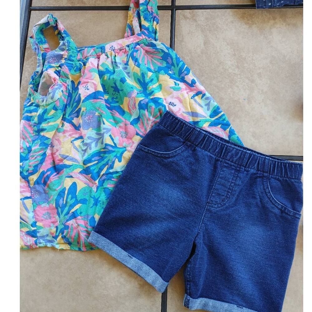 Girls Summer Outfit Floral Tank & Denim Look Shorts sz. 7 Medium